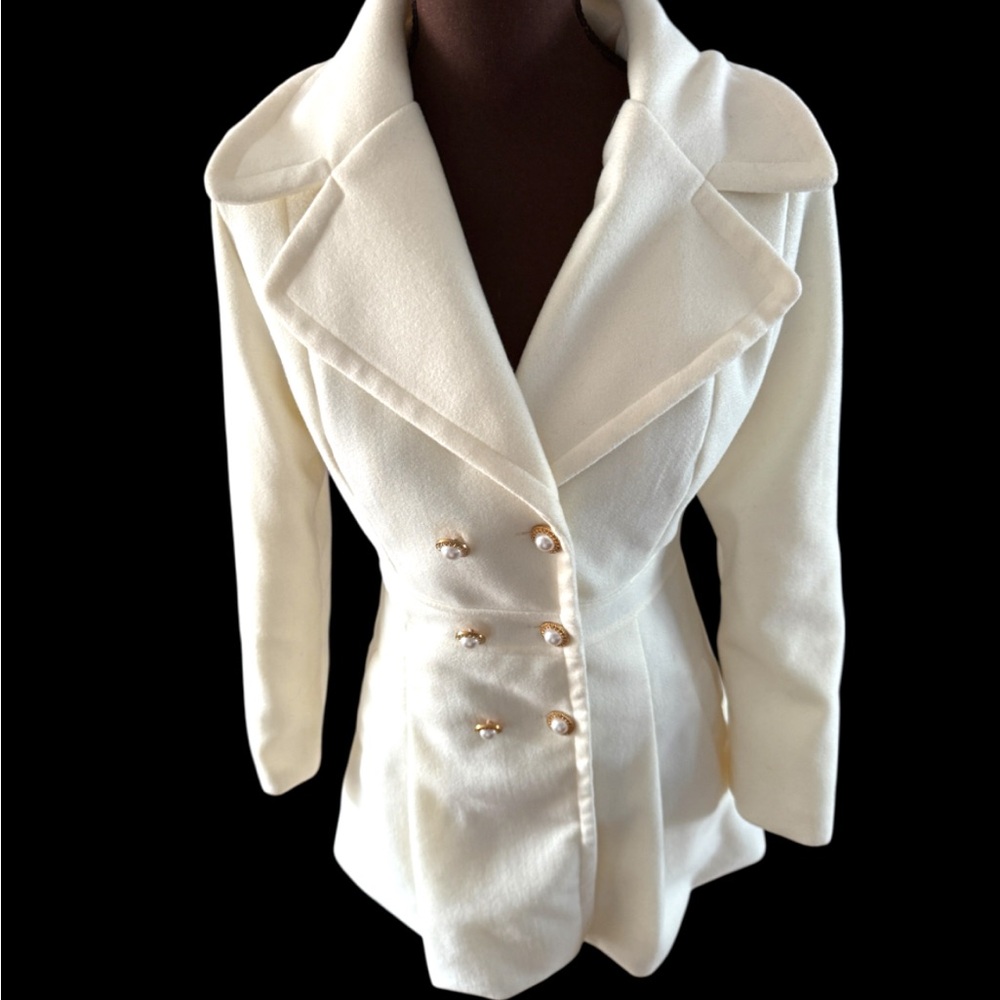 Women Coat, Elegant Cream Double-Breasted Fall Jacket, Christmas Coat, Winter - Picture 5 of 13